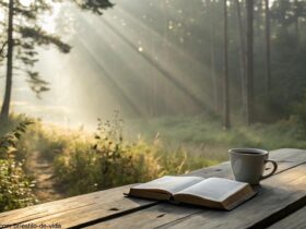 Imagem de uma manhã tranquila com luz suave atravessando uma floresta, uma Bíblia aberta sobre uma mesa de madeira e uma xícara de café ao lado, transmitindo inspiração e fé para começar bem a terça-feira 13/05/2025