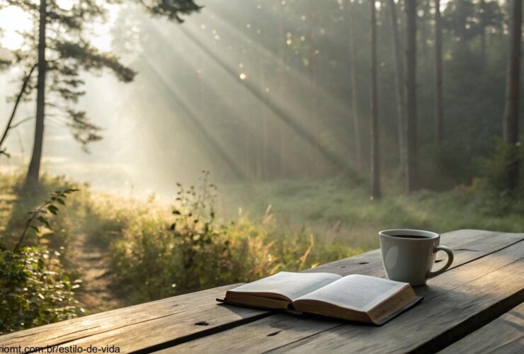 Imagem de uma manhã tranquila com luz suave atravessando uma floresta, uma Bíblia aberta sobre uma mesa de madeira e uma xícara de café ao lado, transmitindo inspiração e fé para começar bem a terça-feira 13/05/2025