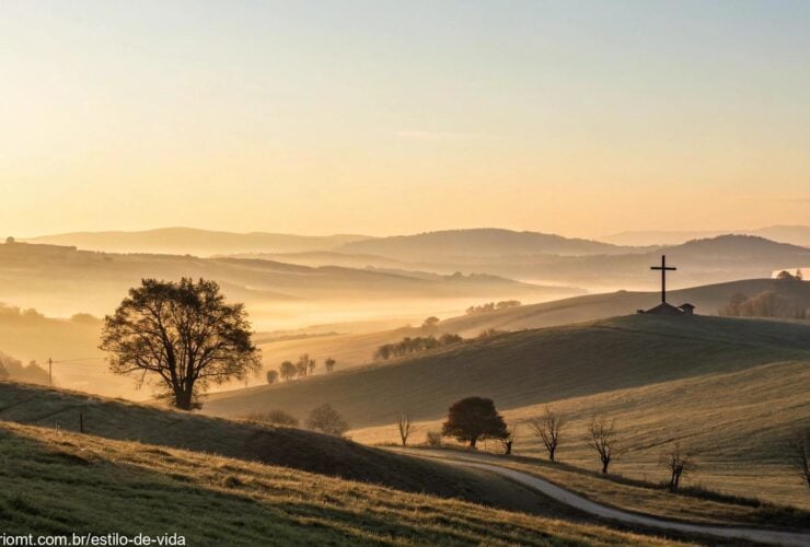 Paisagem serena do amanhecer com um suave nascer do sol dourado sobre colinas, representando inspiração e fé