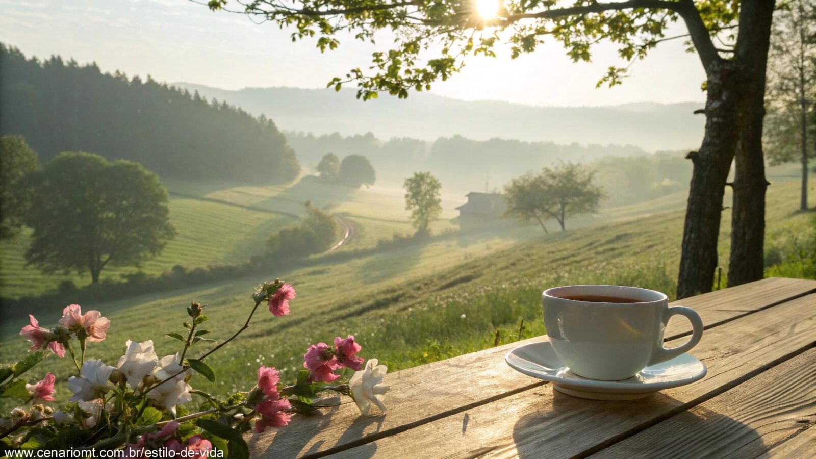 Cenário de bom dia para domingo com luz suave, flores e café em clima de paz e esperança