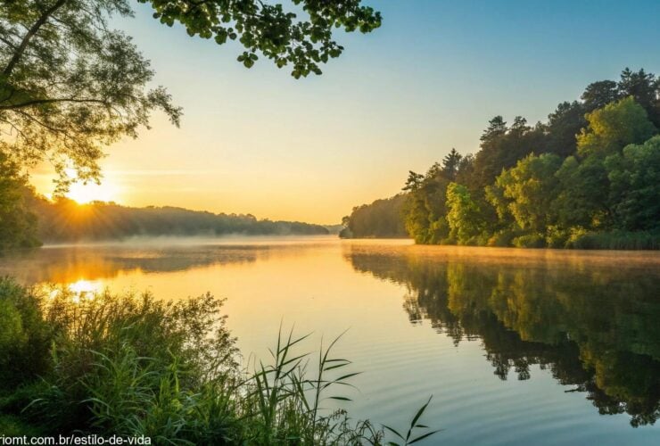 Nascer do sol tranquilo sobre um lago calmo com reflexos dourados na água, cercado por árvores verdes e céu azul