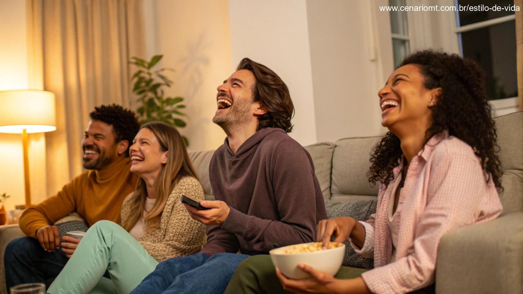 Imagem de um grupo de pessoas rindo juntas em uma sala de estar aconchegante, aproveitando a companhia umas das outras.