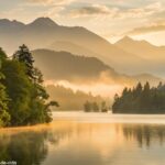Imagem de um nascer do sol sobre um lago calmo, com luz dourada refletindo na água, cercado por árvores verdes e montanhas ao fundo.