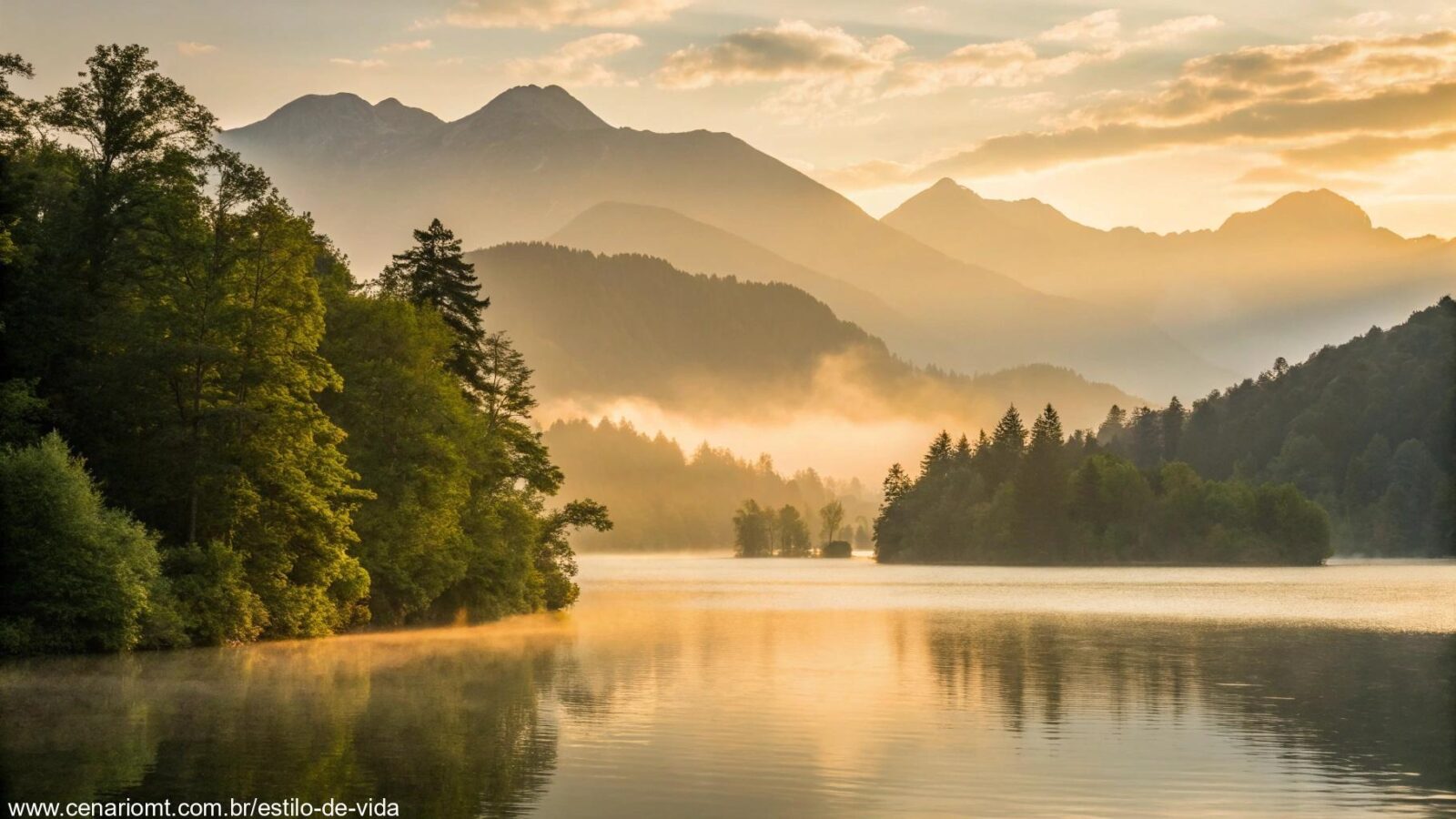 Imagem de um nascer do sol sobre um lago calmo, com luz dourada refletindo na água, cercado por árvores verdes e montanhas ao fundo.
