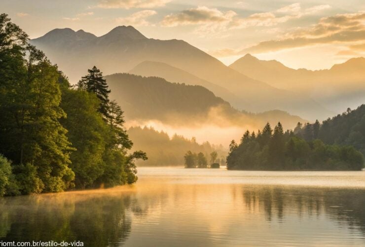 Imagem de um nascer do sol sobre um lago calmo, com luz dourada refletindo na água, cercado por árvores verdes e montanhas ao fundo.