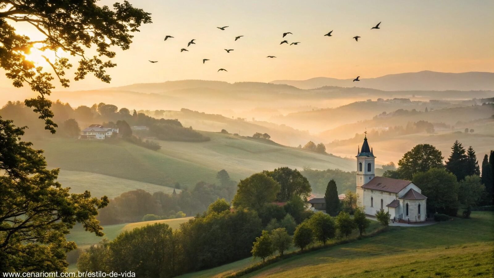 Amanhecer tranquilo iluminando uma igreja campestre para uma mensagem de bom dia religiosa