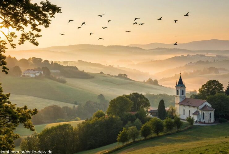 Amanhecer tranquilo iluminando uma igreja campestre para uma mensagem de bom dia religiosa