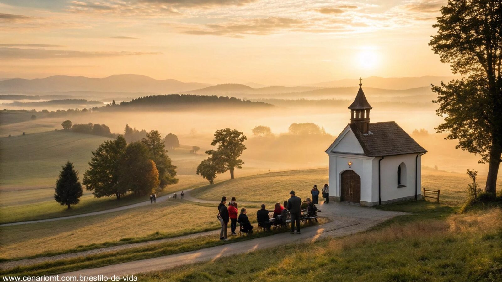 Imagem de um nascer do sol sereno sobre o campo, iluminando uma capela com pessoas em oração, simbolizando fé e esperança para a manhã de quarta-feira