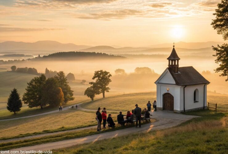 Imagem de um nascer do sol sereno sobre o campo, iluminando uma capela com pessoas em oração, simbolizando fé e esperança para a manhã de quarta-feira