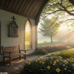 Cena serena de manhã com luz dourada passando por vitrais de uma capela, jardim florido e um banco de madeira sob uma árvore, simbolizando fé e esperança