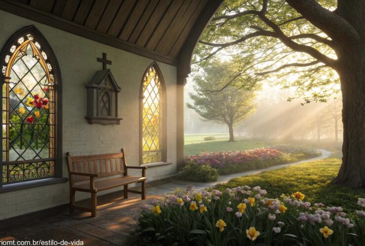 Cena serena de manhã com luz dourada passando por vitrais de uma capela, jardim florido e um banco de madeira sob uma árvore, simbolizando fé e esperança