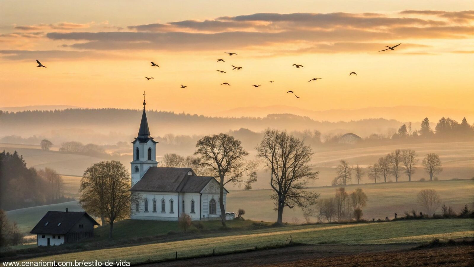 Imagem de um nascer do sol sobre uma igreja no campo, transmitindo paz e bençãos para esta quarta-feira abençoada