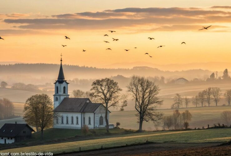 Imagem de um nascer do sol sobre uma igreja no campo, transmitindo paz e bençãos para esta quarta-feira abençoada