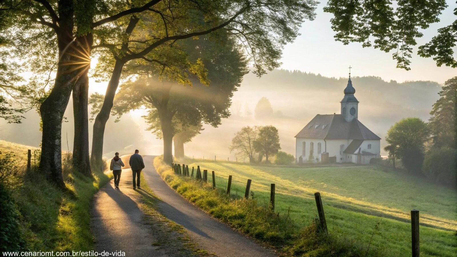 Imagem de uma manhã tranquila com luz do sol passando entre árvores e uma igreja ao fundo
