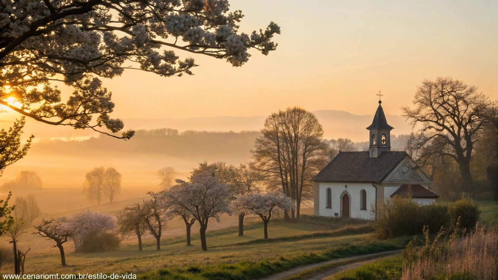 Amanhecer tranquilo sobre uma capela no campo com luz dourada e flores ao redor