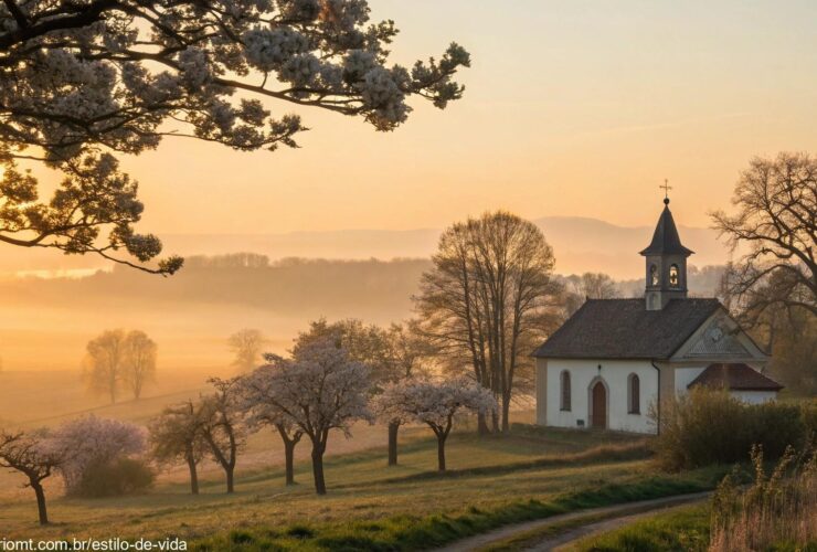 Amanhecer tranquilo sobre uma capela no campo com luz dourada e flores ao redor