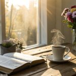 Cena tranquila de manhã com bíblia, café e flores, simbolizando mensagem religiosa de bom dia neste sábado