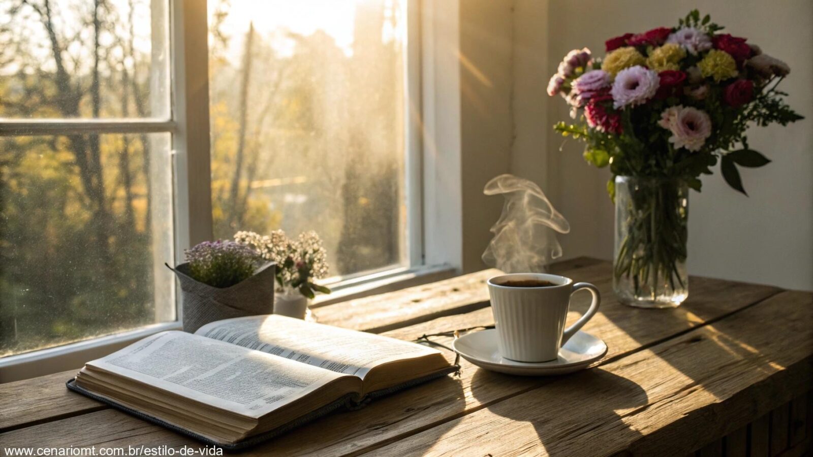 Cena tranquila de manhã com bíblia, café e flores, simbolizando mensagem religiosa de bom dia neste sábado