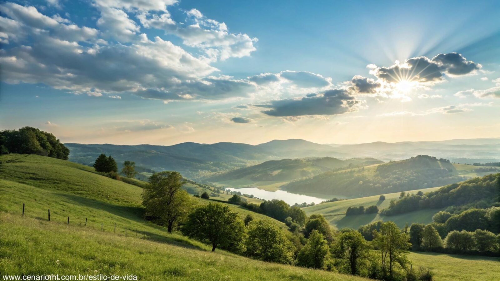 Imagem de um cenário sereno, com luz do sol iluminando uma paisagem tranquila. Perfeita para inspirar positividade e união nos grupos religiosos neste sábado.