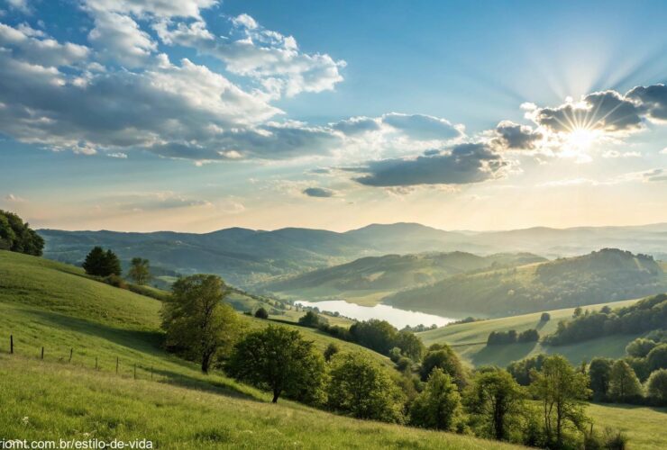 Imagem de um cenário sereno, com luz do sol iluminando uma paisagem tranquila. Perfeita para inspirar positividade e união nos grupos religiosos neste sábado.