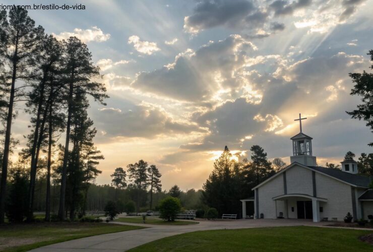 Cenário religioso sereno para uma manhã de sexta-feira, com luz suave atravessando as árvores e nuvens no céu, simbolizando esperança e positividade para um grupo religioso.