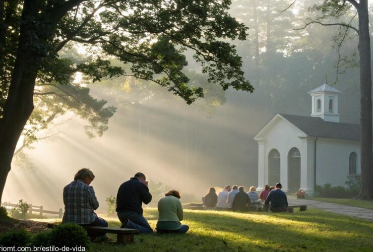 Imagem de um grupo religioso em oração ao amanhecer, com uma capela ao fundo e luz suave de quinta-feira, 15 de maio de 2025