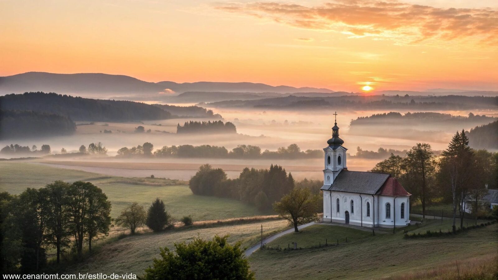 Imagem de uma manhã tranquila com o nascer do sol e símbolos religiosos ao fundo.