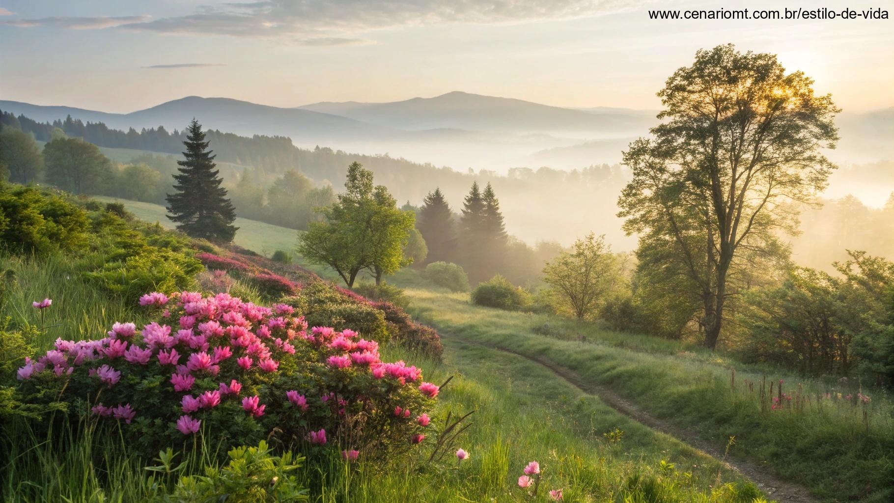 Uma paisagem vibrante e fresca simbolizando a chegada de maio com luz suave da manhã, orvalho nas flores e uma atmosfera pacífica e energizante.