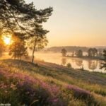 Amanhecer tranquilo com luz suave entre árvores e flores, simbolizando esperança