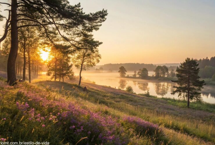 Amanhecer tranquilo com luz suave entre árvores e flores, simbolizando esperança