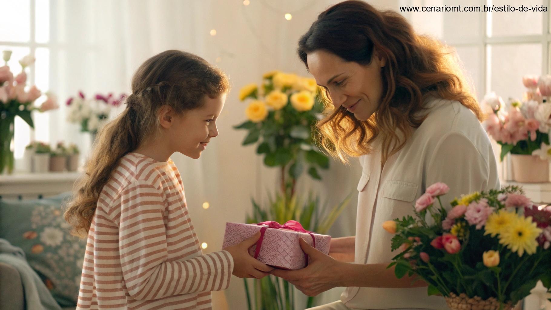 Cena suave e colorida de uma mãe recebendo um presente carinhoso de seu filho, com iluminação suave e flores, representando uma saudação do Dia das Mães.