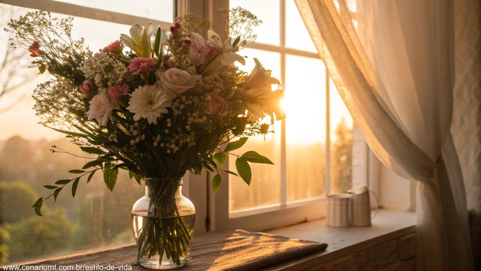Cena tranquila de manhã com um buquê de flores e luz suave filtrando pela janela, criando uma atmosfera de amor e alegria para o Dia das Mães.