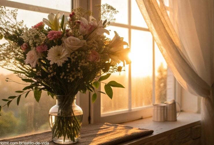 Cena tranquila de manhã com um buquê de flores e luz suave filtrando pela janela, criando uma atmosfera de amor e alegria para o Dia das Mães.
