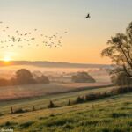 Paisagem tranquila ao amanhecer em uma quarta-feira, com luz suave e natureza serena