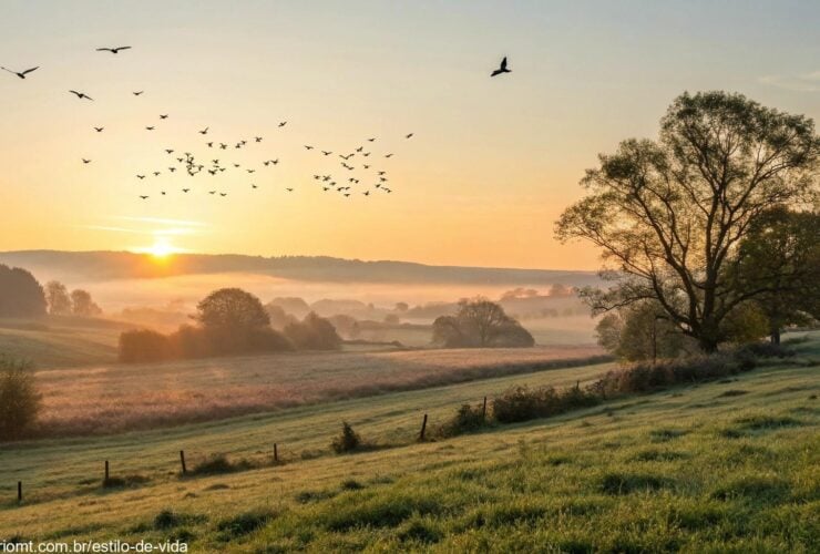 Paisagem tranquila ao amanhecer em uma quarta-feira, com luz suave e natureza serena