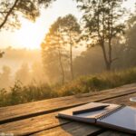 Cena de manhã tranquila com luz dourada suave passando por árvores, uma xícara de café em uma mesa de madeira e um caderno com frases inspiradoras, transmitindo uma sensação serena e positiva para a quarta-feira