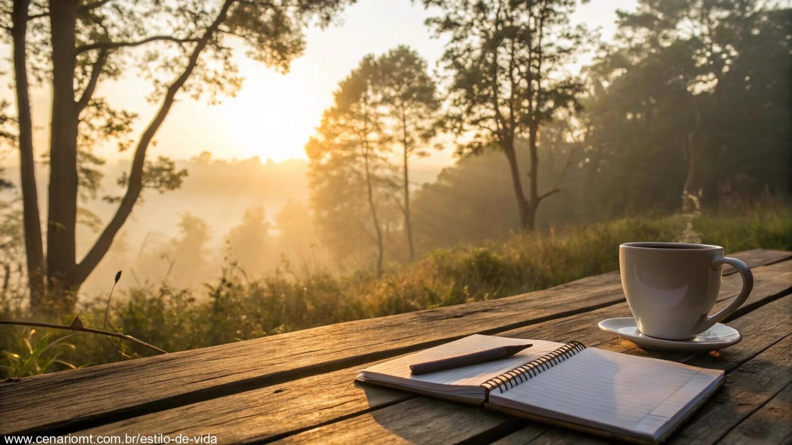Cena de manhã tranquila com luz dourada suave passando por árvores, uma xícara de café em uma mesa de madeira e um caderno com frases inspiradoras, transmitindo uma sensação serena e positiva para a quarta-feira
