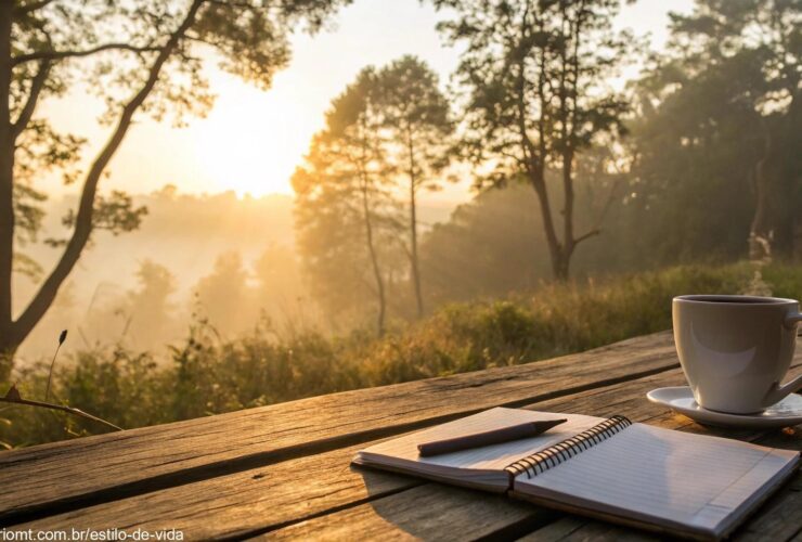 Cena de manhã tranquila com luz dourada suave passando por árvores, uma xícara de café em uma mesa de madeira e um caderno com frases inspiradoras, transmitindo uma sensação serena e positiva para a quarta-feira