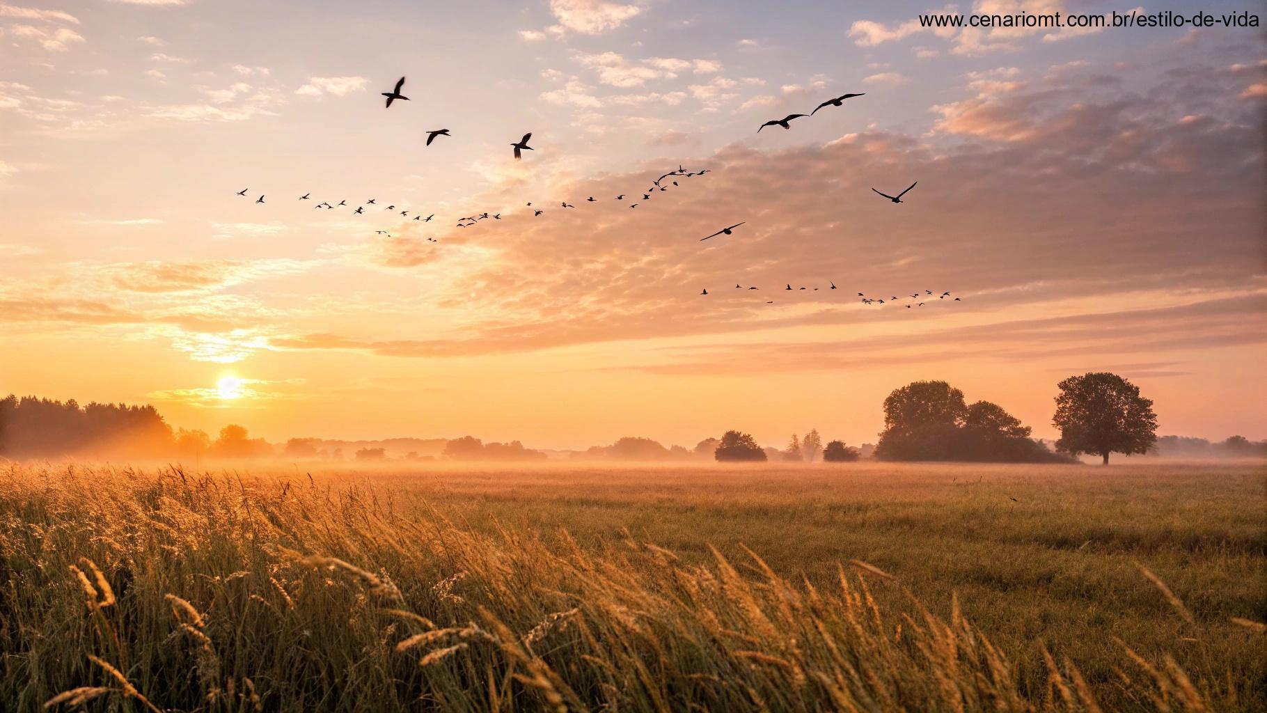 Imagem de um amanhecer dourado sobre um campo