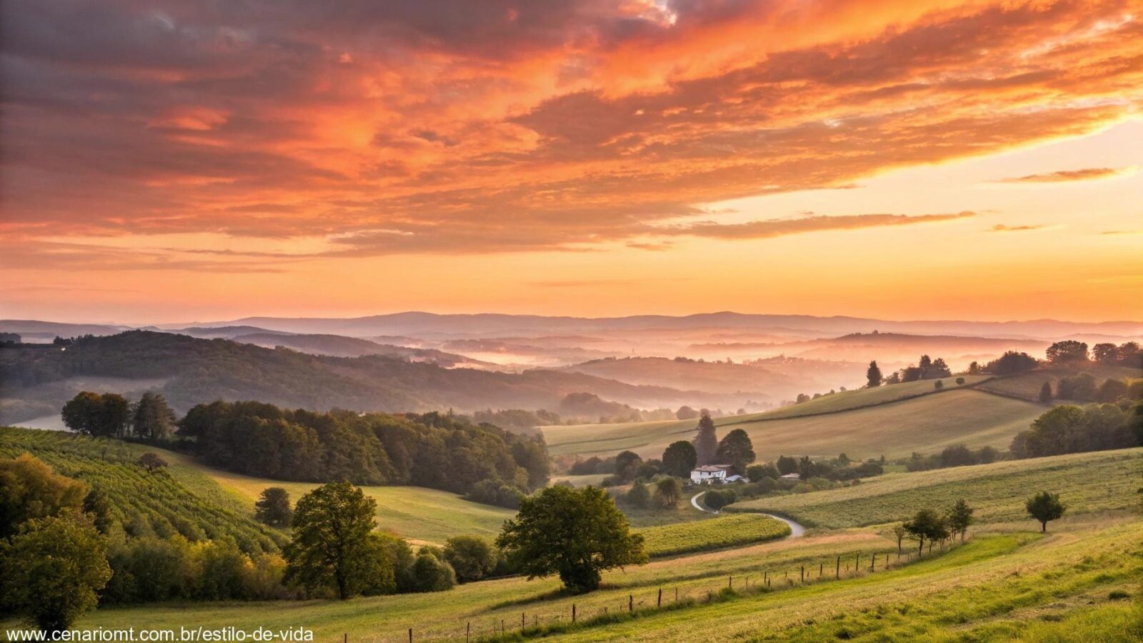 Imagem de um nascer do sol vibrante sobre uma paisagem tranquila, simbolizando um novo começo e energia positiva para o dia.