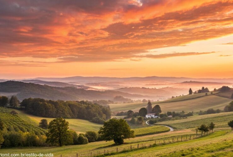 Imagem de um nascer do sol vibrante sobre uma paisagem tranquila, simbolizando um novo começo e energia positiva para o dia.