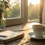 Cenário tranquilo de manhã de sábado com luz suave, café, flores e ambiente inspirador