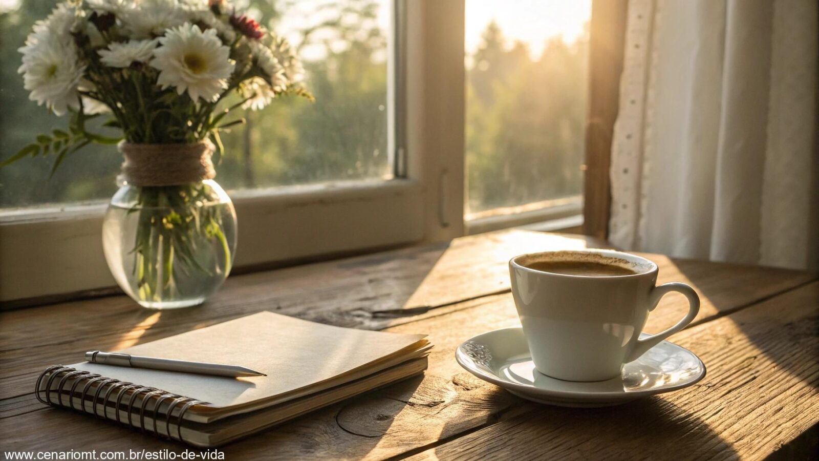 Cenário tranquilo de manhã de sábado com luz suave, café, flores e ambiente inspirador