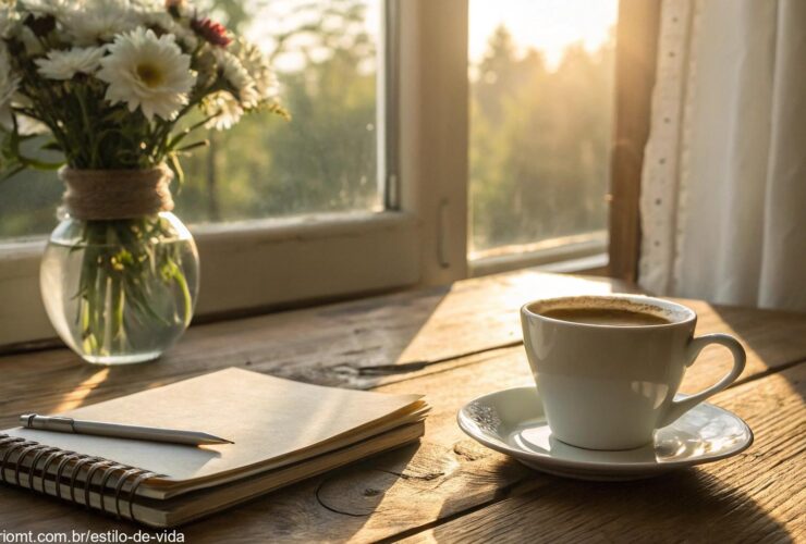 Cenário tranquilo de manhã de sábado com luz suave, café, flores e ambiente inspirador