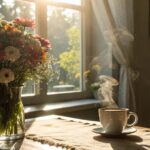 Cenário de bom dia para sábado com carinho e fé, com luz do sol, flores e café