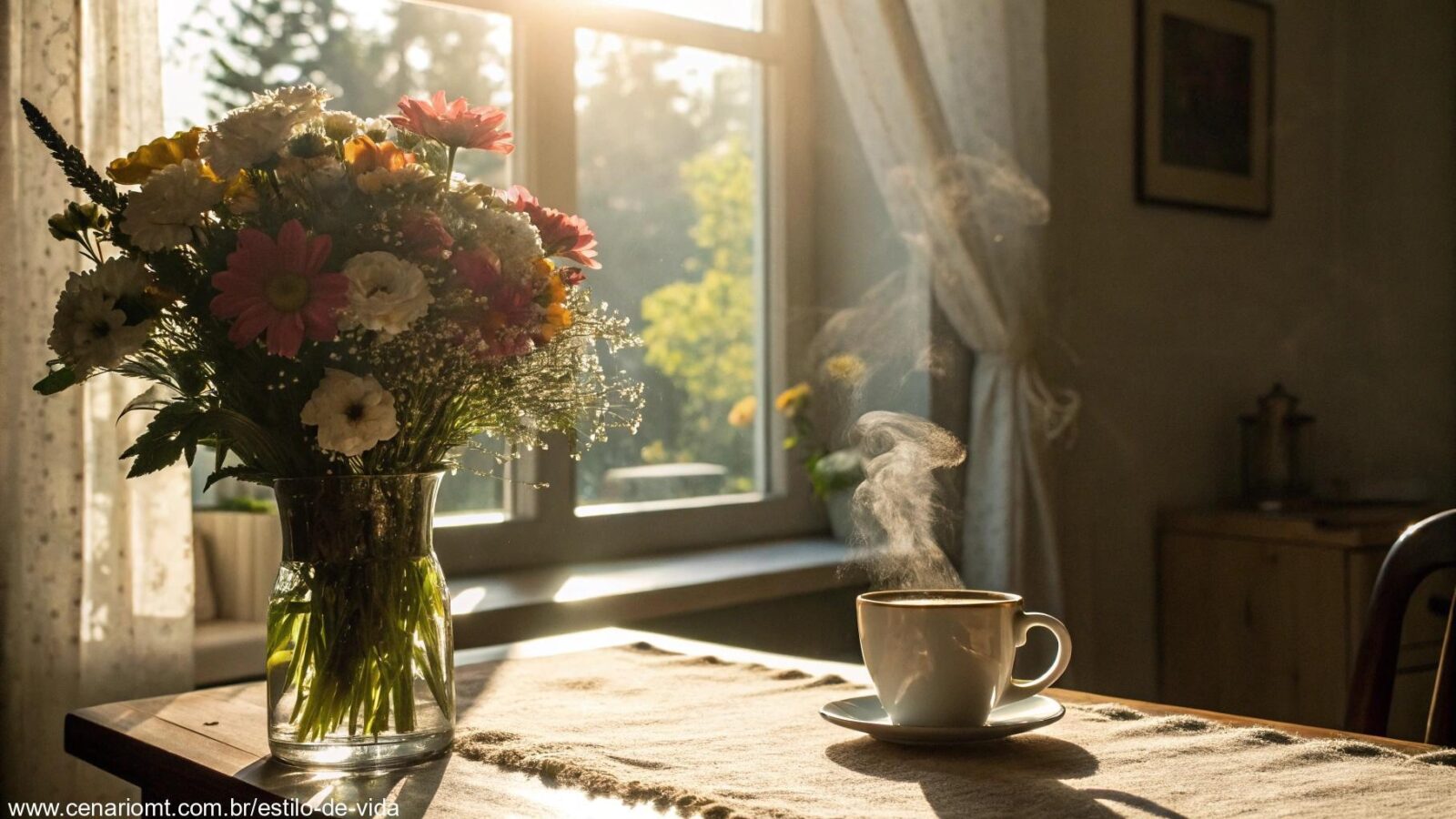 Cenário de bom dia para sábado com carinho e fé, com luz do sol, flores e café