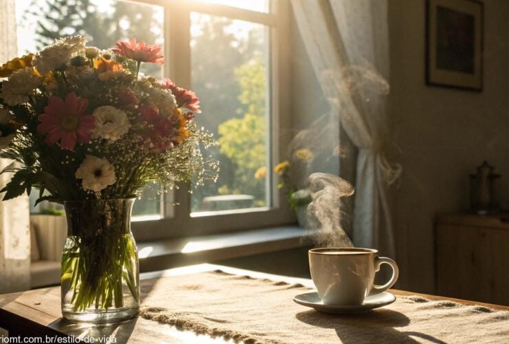 Cenário de bom dia para sábado com carinho e fé, com luz do sol, flores e café