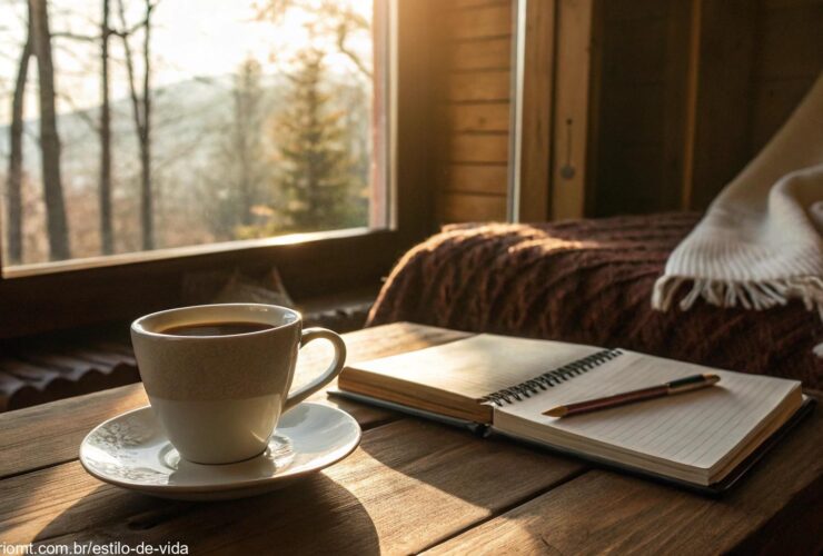 Cena tranquila de manhã de sábado com luz suave do sol entrando pela janela, xícara de café na mesa e frases positivas em um caderno