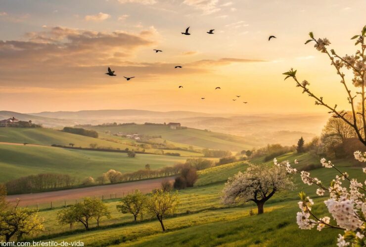 Amanhecer tranquilo em uma paisagem campestre com flores e luz dourada simbolizando fé, paz e esperança