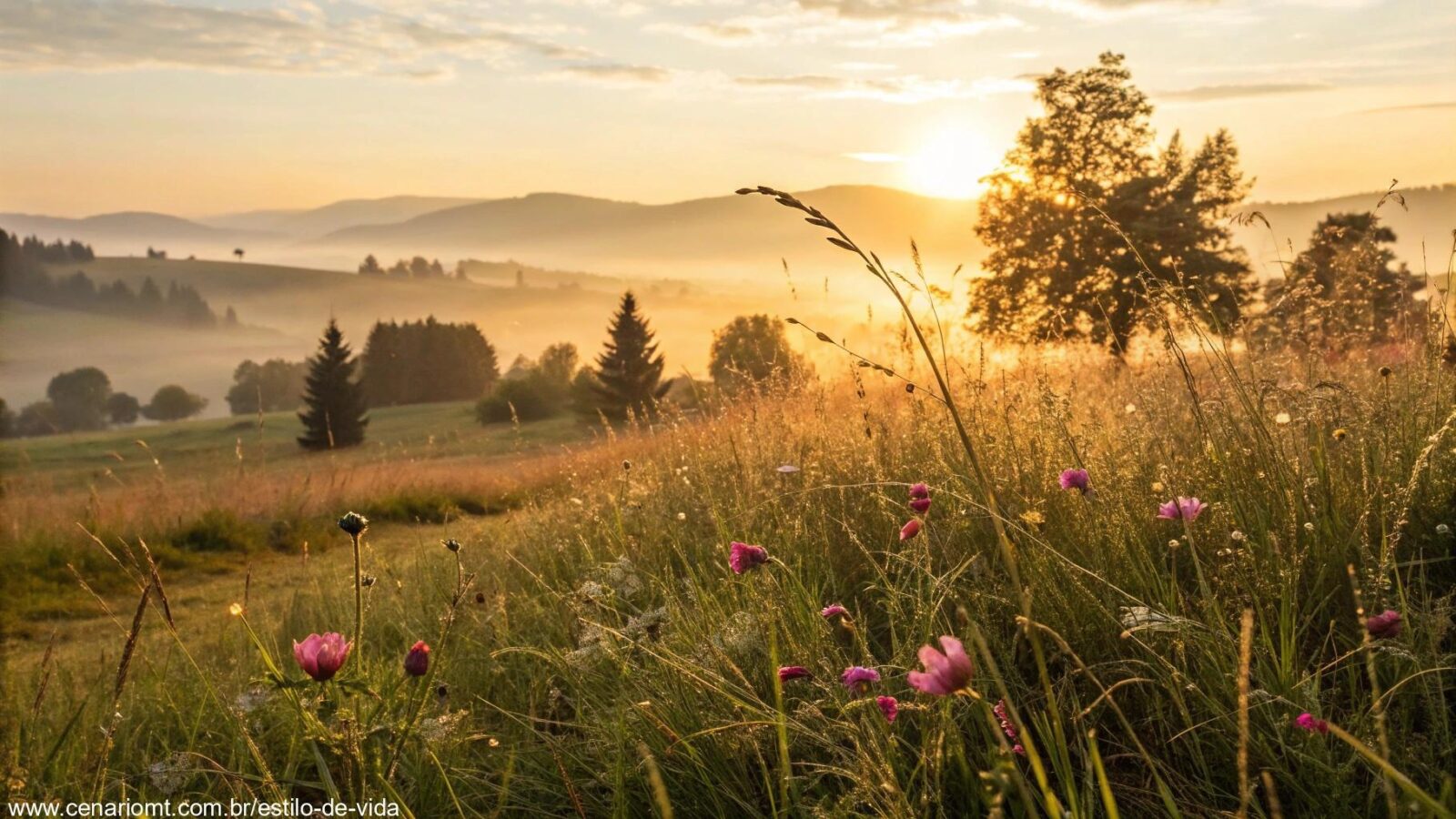 Amanhecer tranquilo com paisagem serena e luz suave, representando uma mensagem de bom dia para segunda-feira